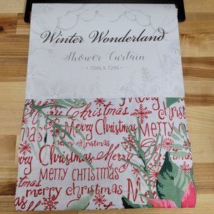 Christmas Shower Curtain Poinsettia's Merry Script Snowflakes Holiday Bathroom